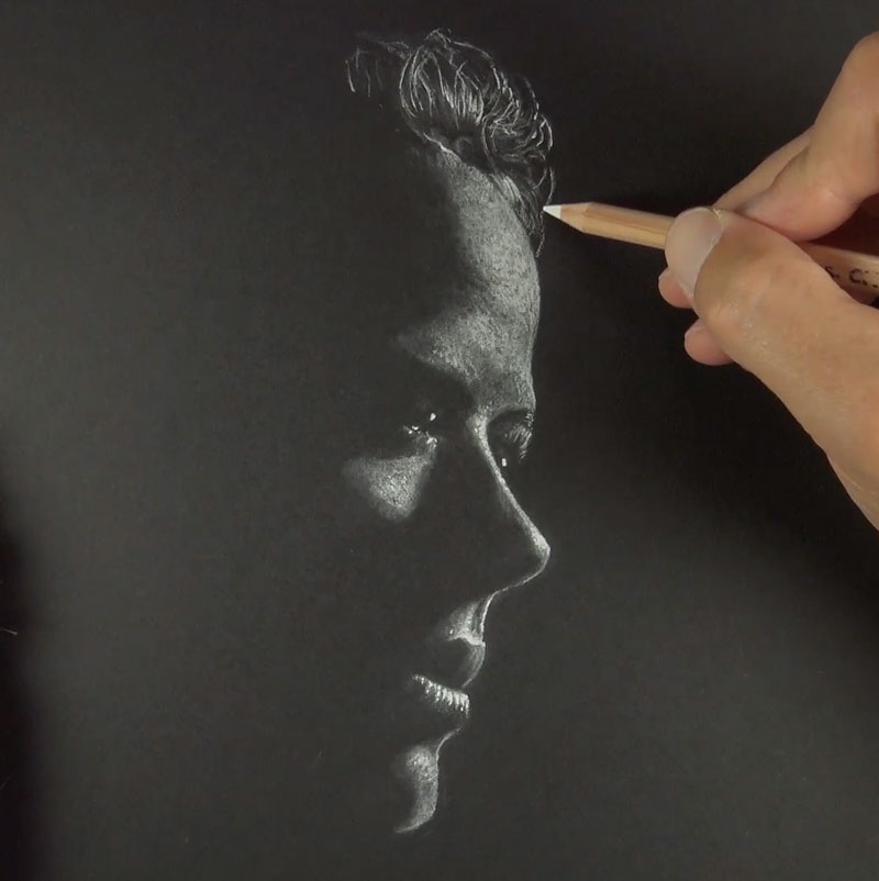 Drawing the hair with white drawing medium