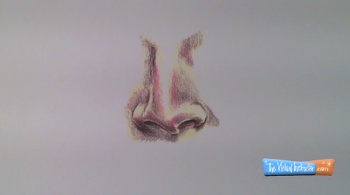 Drawing a nose in colored pencils