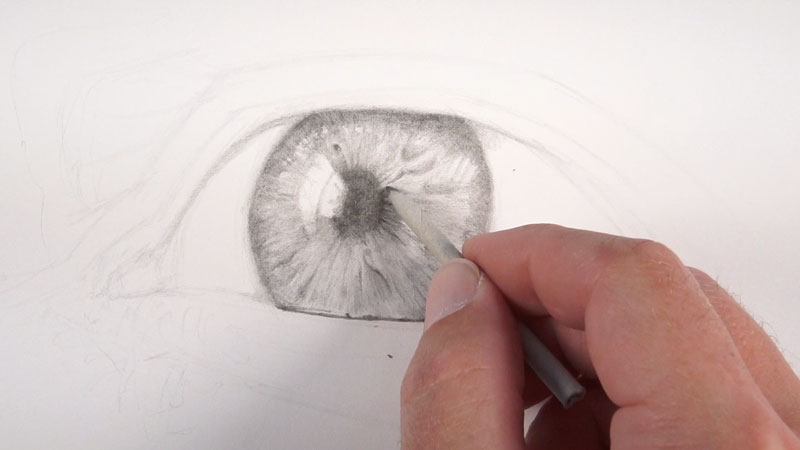 How to draw an eye - step two continued - Using a blending stump to smooth pencil applications