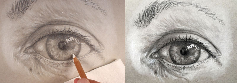 Realistic drawing of an eye with graphite and white charcoal pencils